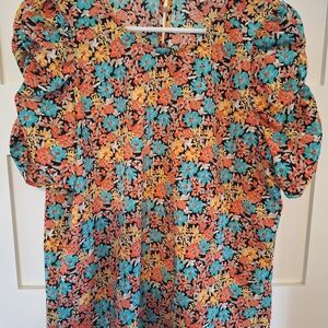 Pleione Orange and Blue Ruffled Blouse